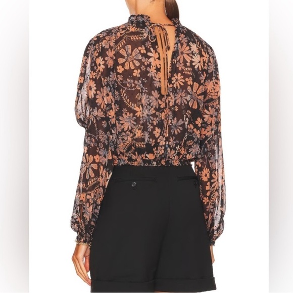 Free People Clarissa Printed Top Size L Boho Puff Long Sleeve Semi Sheer Floral - Picture 2 of 13